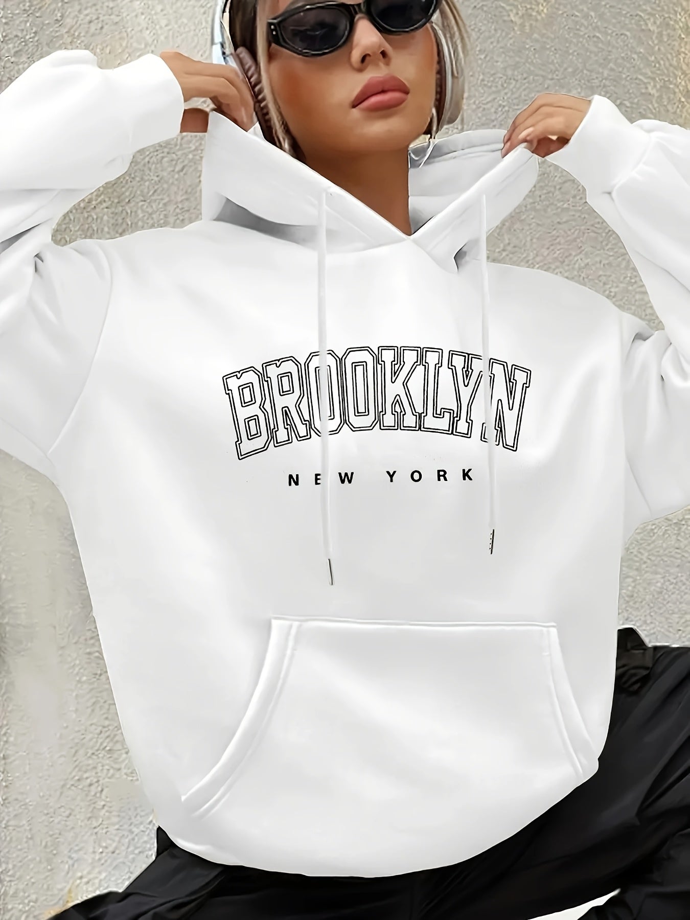 Women's Brooklyn-Inspired Blue Hoodie - Casual Polyester Pullover with Geometric Design, Machine Washable, Ideal for Spring/Summer/Fall, Casual Wear Hoodie | Trendy Casual Hoodie | Knitted Texture, Sweater Hoodie