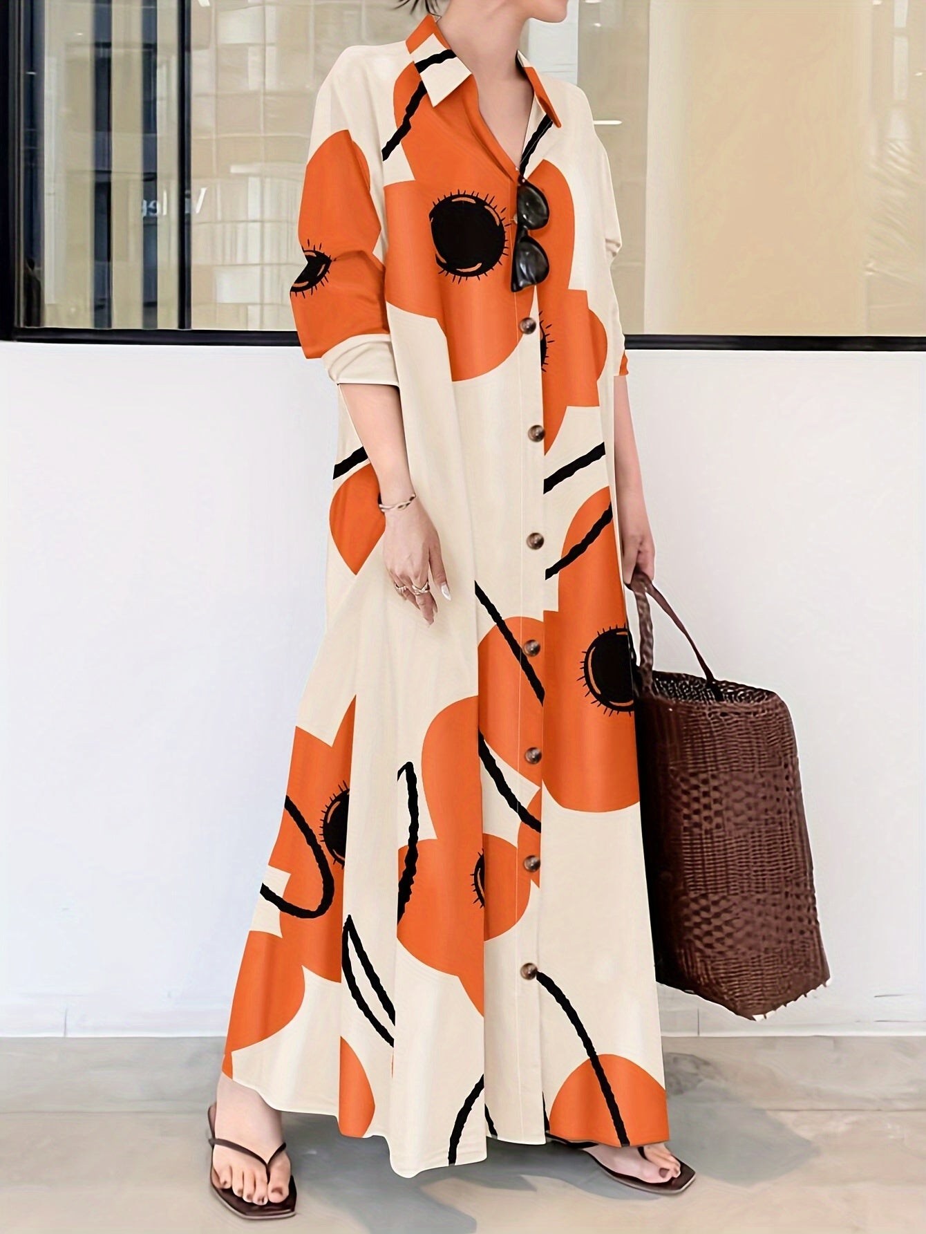 Elegant Floral Print Button-Up Long Dress - Casual Long Sleeve, Loose Fit with Lapel Collar for Women, Elegant Style, Four Seasons