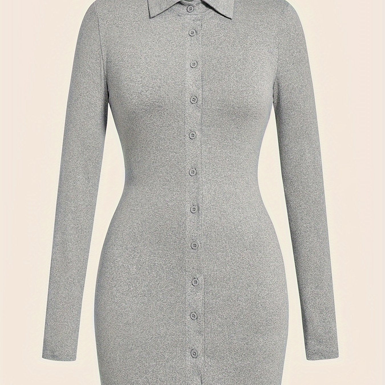 Button Front Solid Shirt Dress, Sexy Long Sleeve Bodycon Dress, Women's Clothing
