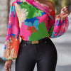 Vibrant Floral Print Asymmetrical Neckline Blouse with Lantern Sleeves - Elegant Polyester Top for Women, One-Shoulder Design, Long Flowing Sleeves, Perfect for Spring/Summer/Fall, Casual Elegant Wear | Vibrant Clothing | Bol