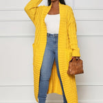 Long Length Cable Knit Cardigan, Elegant Solid Long Sleeve Sweater With Pockets, Women's Clothing