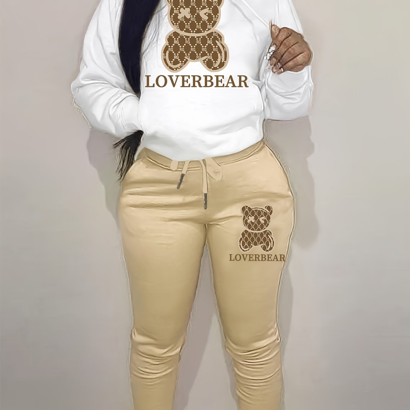 Cartoon Bear Print Two-piece Set, Drawstring Long Sleeve Hoodies & Workout Jogger Pants Outfits, Women's Clothing