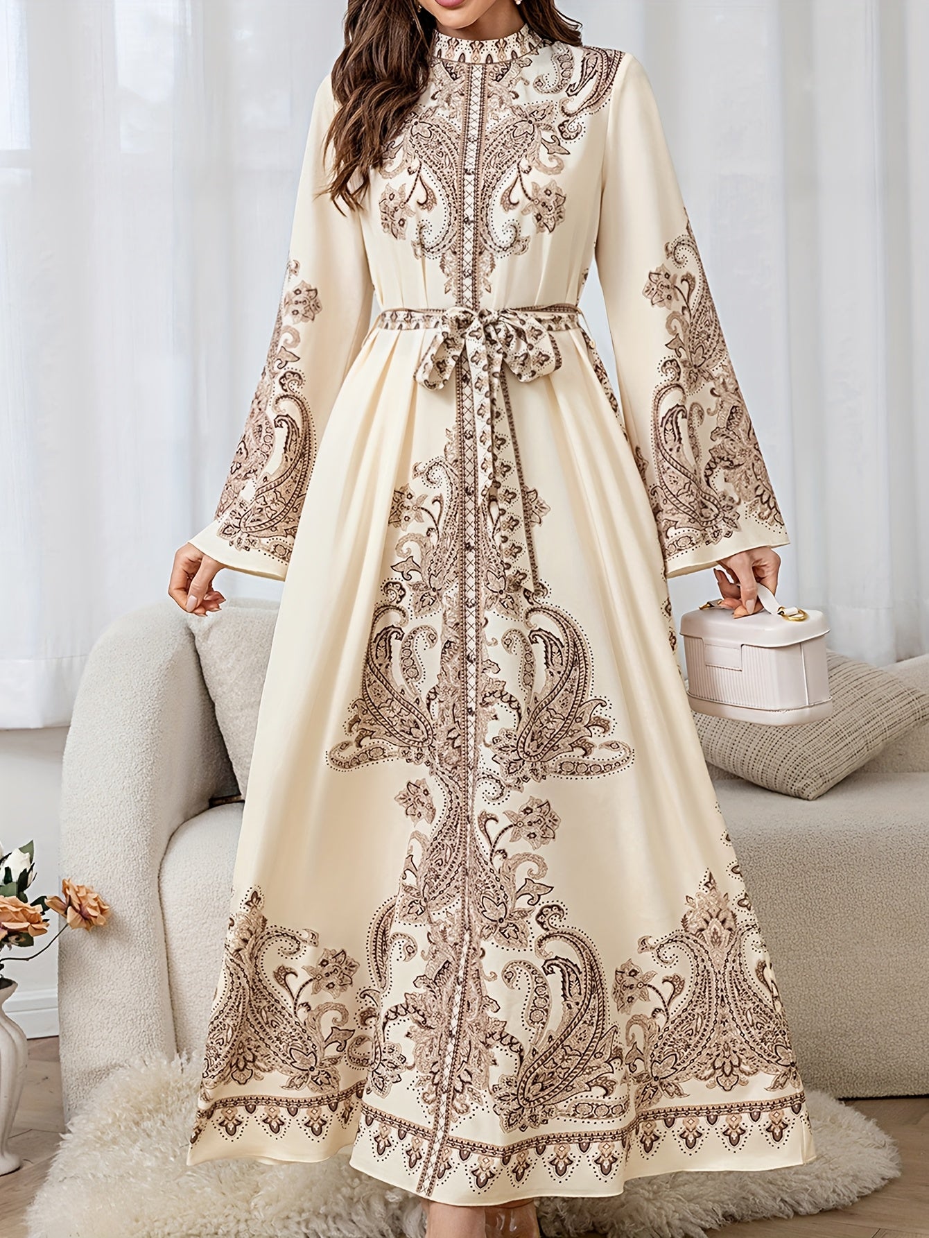 Elegant Floral Print Long Dress with Tie-Waist & Lantern Sleeves - Creamy Beige, Crew Neck, Flowing Maxi Length, Perfect for Spring/Summer/Fall, Women’s Fashion, Cute Dresses