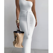 Women's Summer One-Shoulder Waist Tie Slim-Fit Pencil Dress - Sleeveless Elegant Solid Blue Long Dress for Casual & Formal Occasions