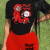 Sexy Orange & White Graphic Print Two-Piece Set - Women's "TRUST NONE" Short Sleeve T-Shirt & High-Waist Shorts, Polyester Blend, Machine Washable