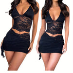 Women'S Summer Skirt 2pcs Suit, Sheer Lace Flower Halter Cami Tops + Asymmetric Ruched Mini Short Skirt Outfits