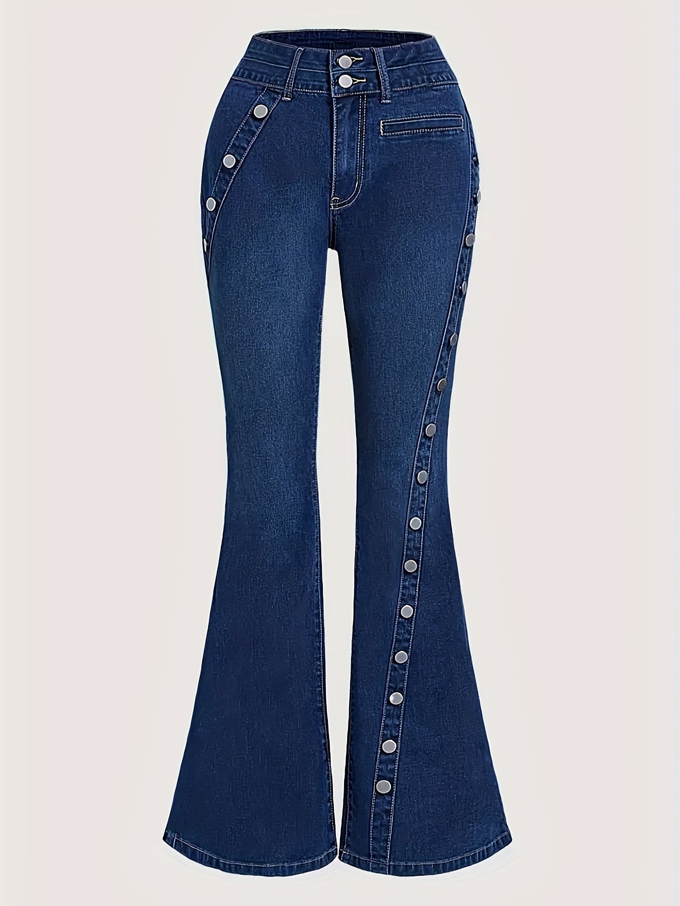 Vibrant Washed Blue Retro Style Flare Leg Stretchy Denim Pants - Zipper Button Closure, Comfortable & Versatile Women's Jeans with Decorative Buttons - Perfect for Casual Daily Wear, Outdoor Activities & More