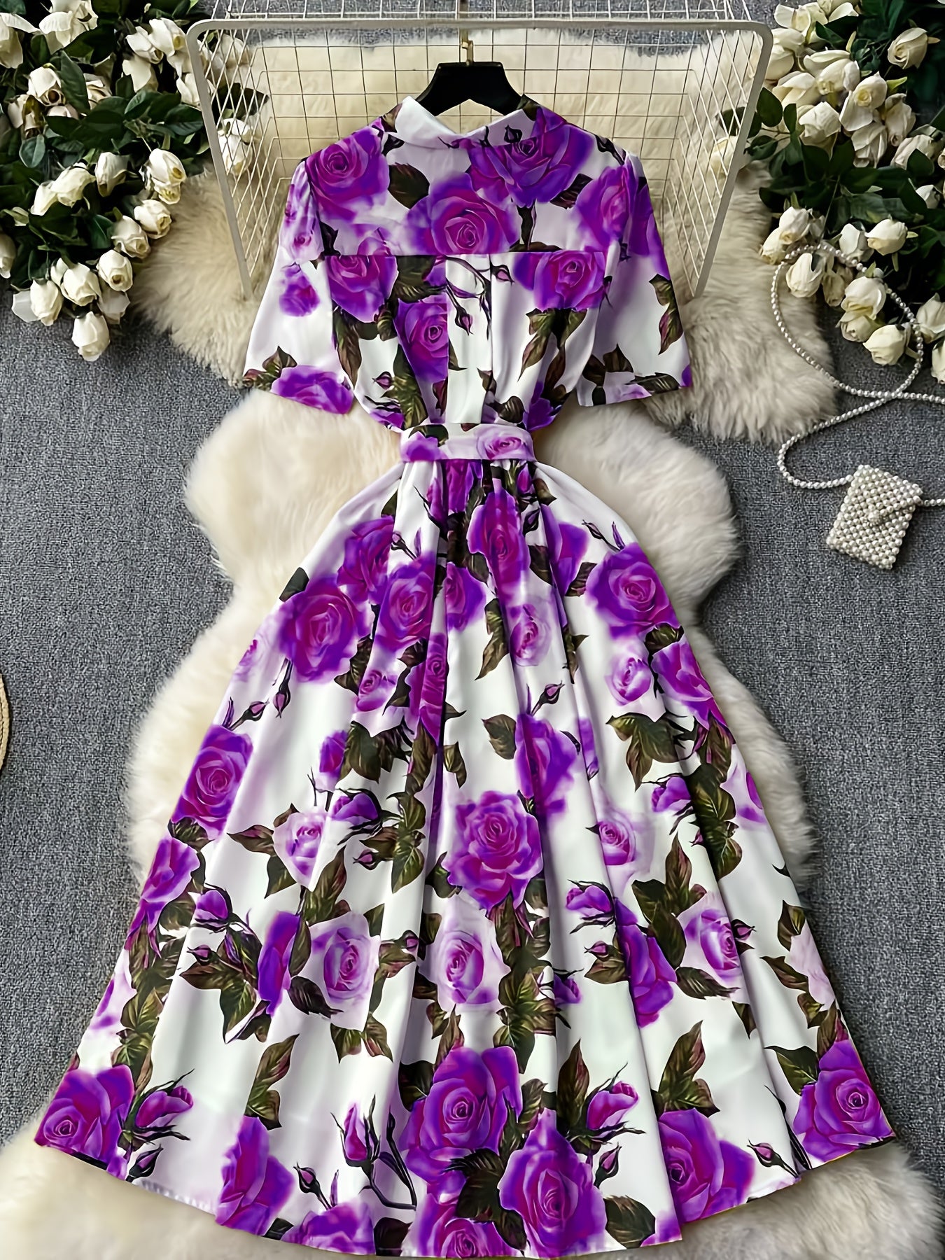Elegant Women'S Floral Print Dress with Short Sleeves, Lapel Collar, and Cinched Waist - Romantic Rose Design, Perfect for Spring Outings, Garden Parties, and Casual Events, Garden Party Dress | Floral Print Dress | Stylish D