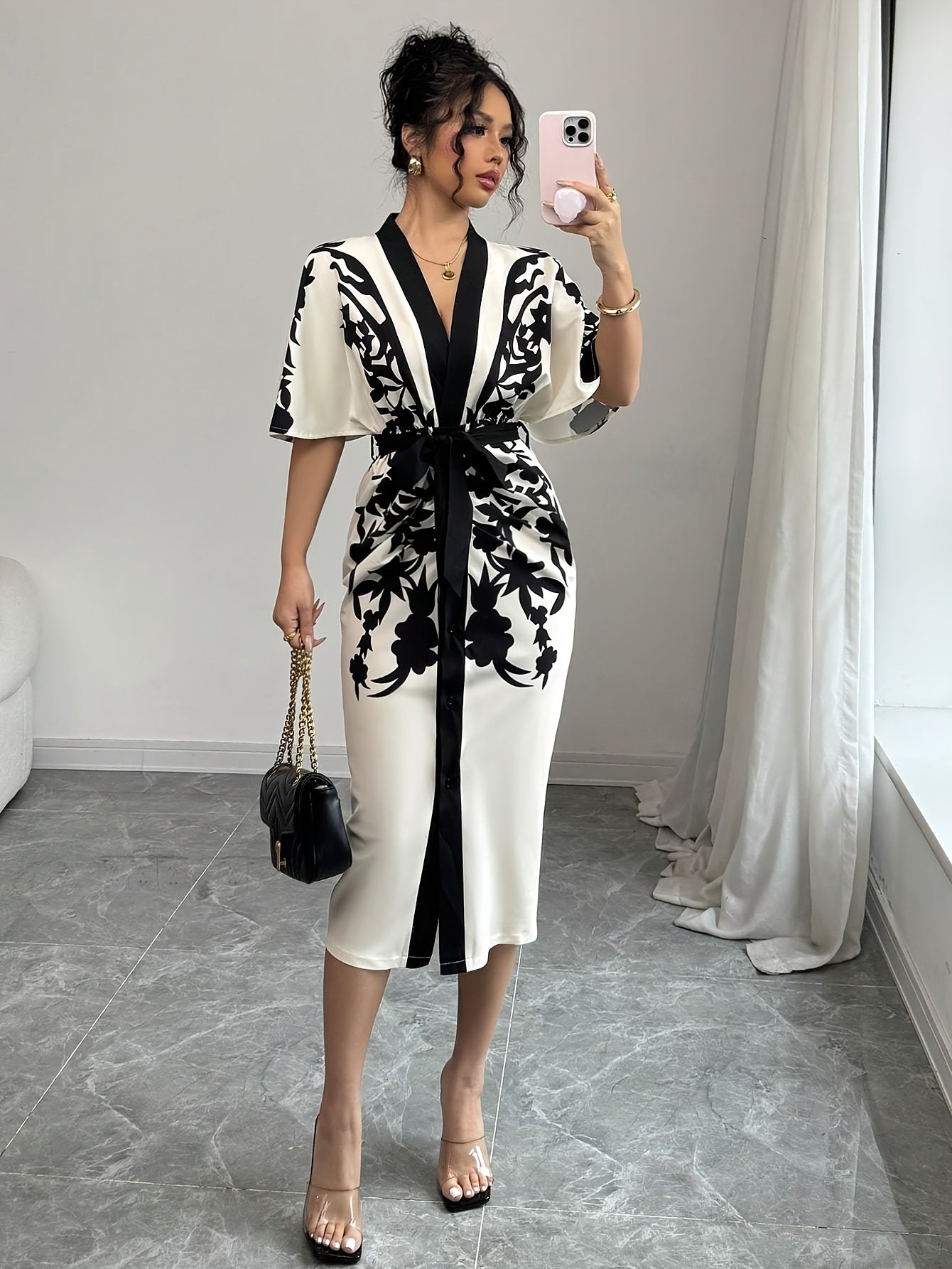 Women's Front Tie Short Sleeve Printed Slim Fit Dress {Elegant Directional}