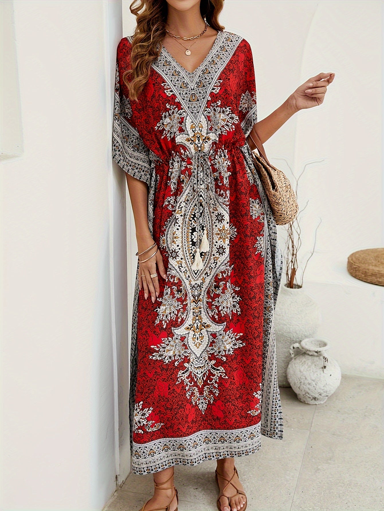 Boho Style Allover Print Cover Up Dress, V Neck Loose Fit Vacay Beach Kaftan, Women's Swimwear & Clothing