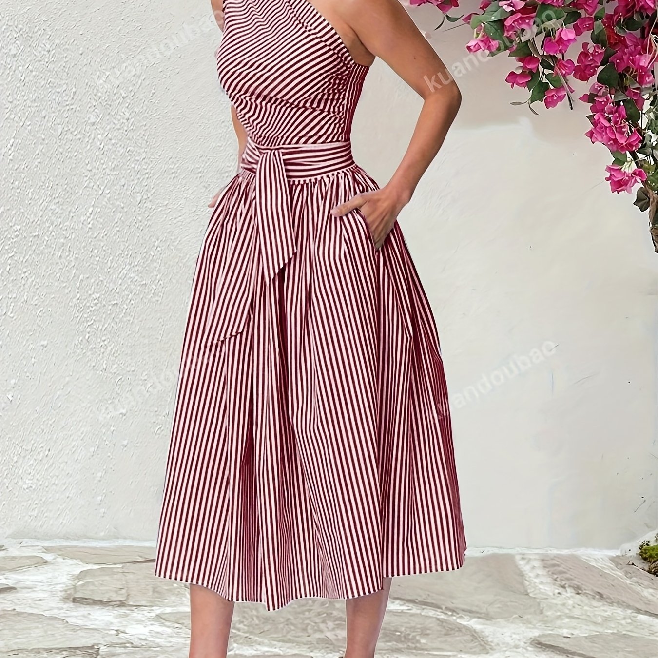 Women'S Casual Loose Fit Striped Sleeveless Dress with Belt, Off the Shoulder Collar, Side Pockets - Perfect for Spring/Summer