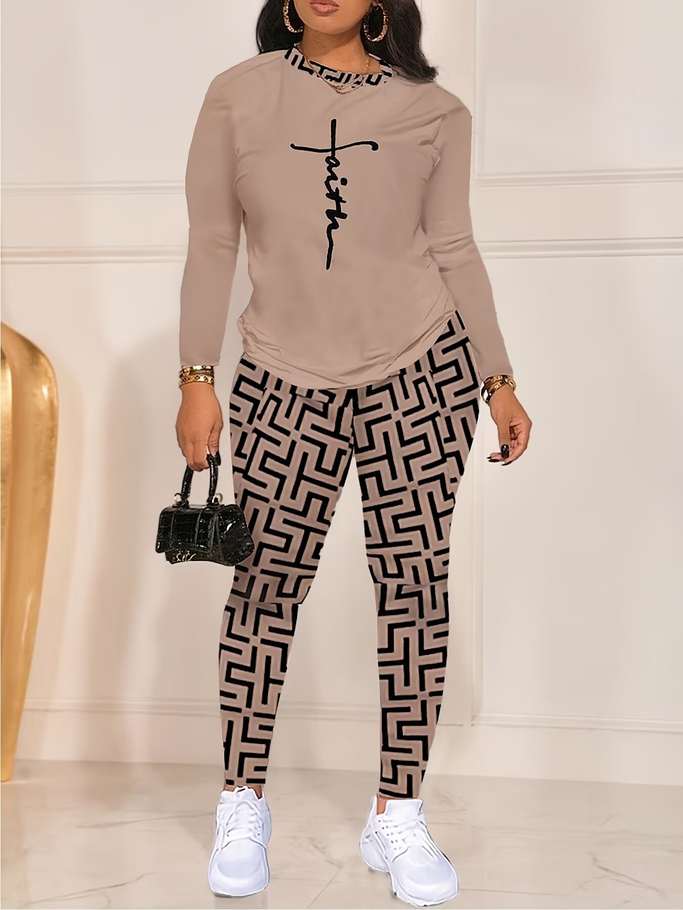 Chic Geo Print Women's Outfit - Casual Long Sleeve Top & Pants Set, Stretchy Polyester Blend, Machine Washable - For Women - Perfect for Everyday Wear  - Great Gift for Fashionable Ladies