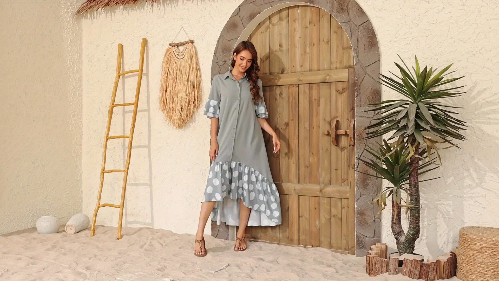 Elegant Women'S Long Sleeveless Dress with Front Button Detail and Polka Dot Print - Semi-Sheer A-Line Midi Skirt Dress for Spring/Fall, Cute Dress