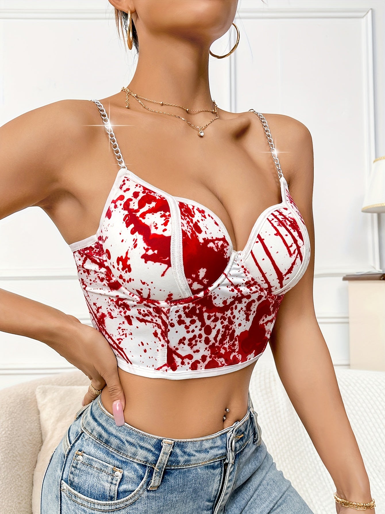 Tie Dye Chain Strap Cami Top, Sexy Sleeveless Crop Top For Spring & Summer, Women's Clothing