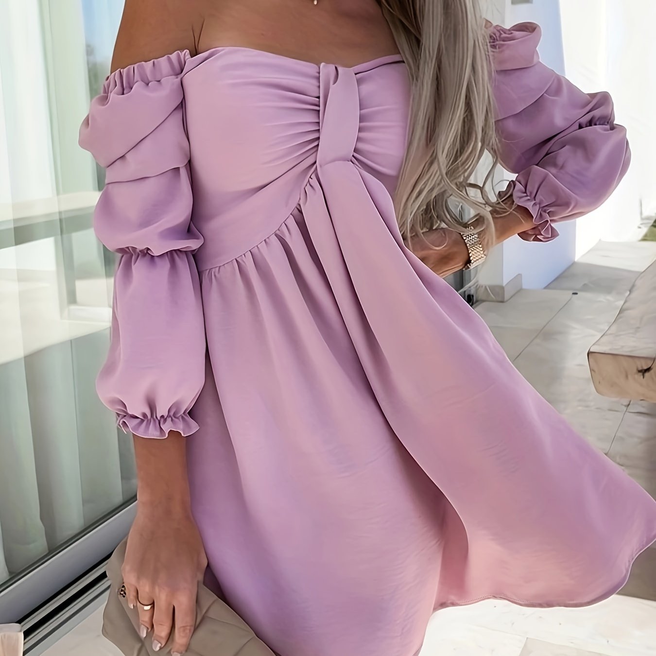 Charming Off Shoulder Dress - Lightweight & Flattering Solid Style for Summer & Spring - Fashionable Womens Clothing
