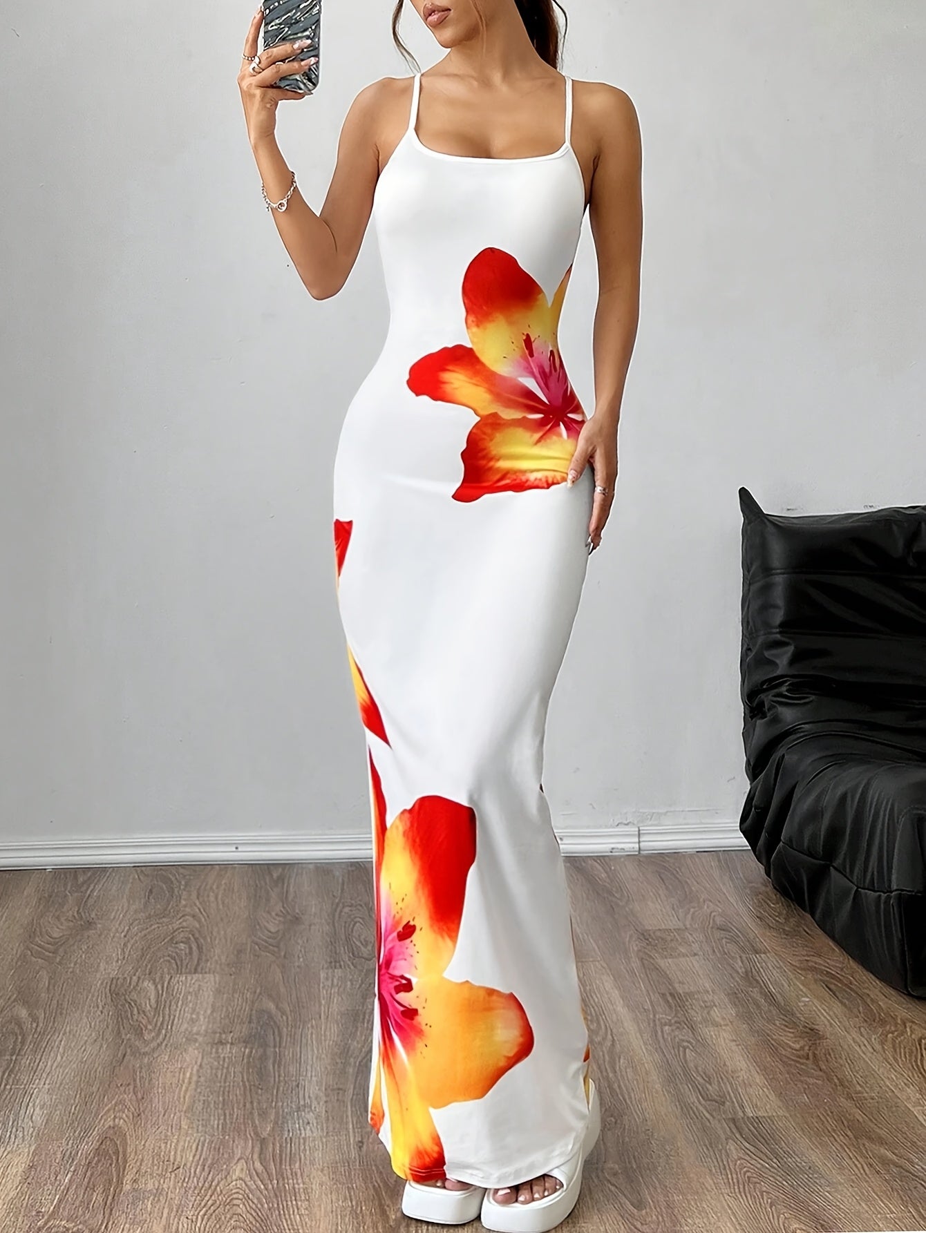 Print Long Cami Dress for Women - Stretchy Polyester Blend, Sleeveless Bodycon with Vibrant Orange & Red Flower Design, Machine Washable, Summer Fashion, Summer Evening Wear | Fitted Silhouette | Smooth Glossy Fabric