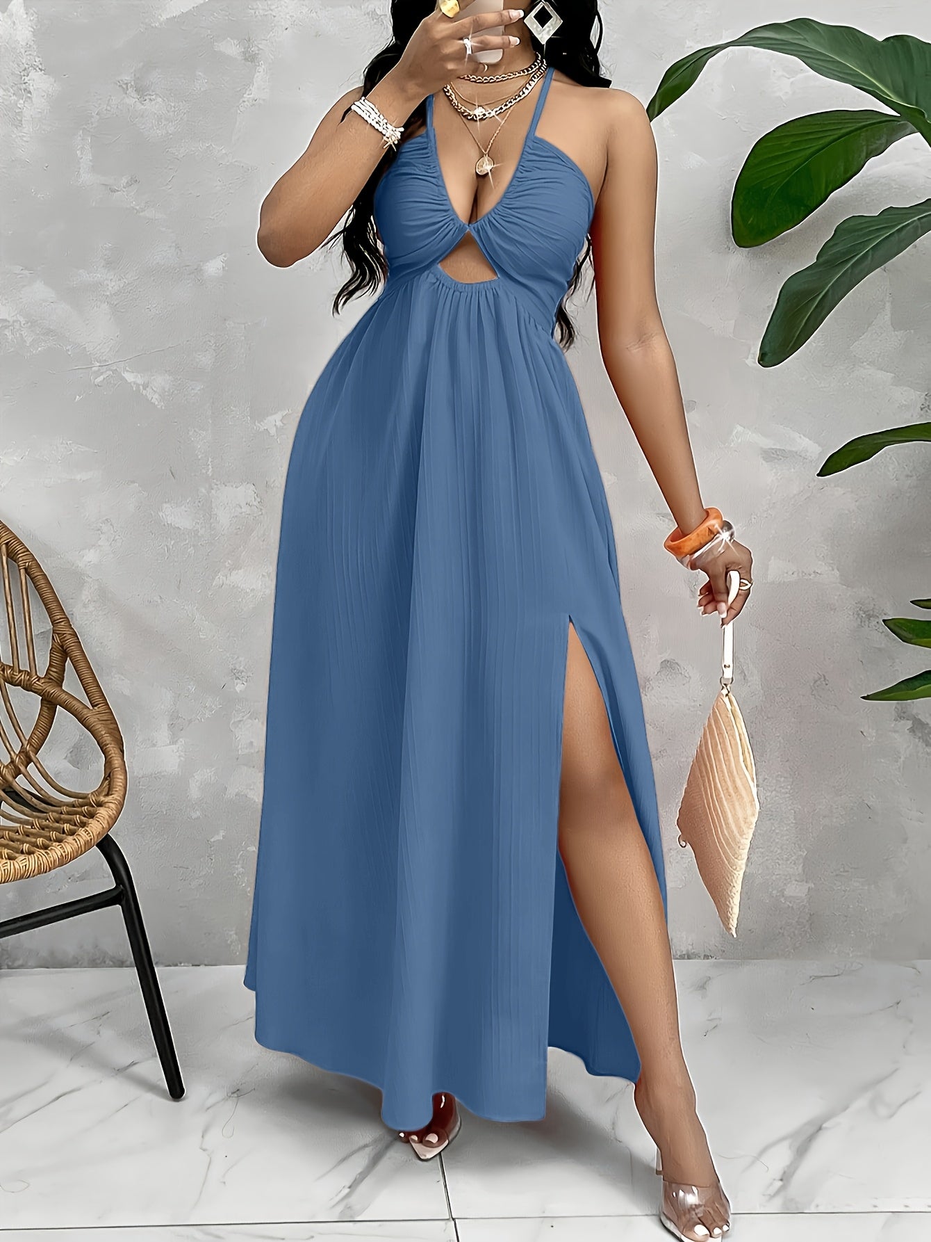 Stylish Women's Sexy Backless Split Dress - Vibrant Orange, Halter Neck, High-Waisted A-Line Cut, Polyester, Perfect for Spring/Summer, Evening Attire | Halter Neck Dress | Glossy Texture