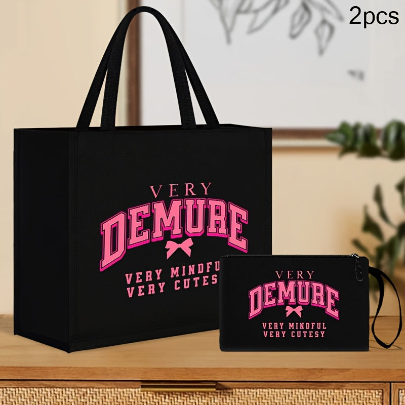 2pcs Chic Black Linen Tote & Makeup Bag Set with "VERY DEMURE" Print - Lightweight, Durable Shopping and Beach Travel Bags with Pink Bow Accent, Hand Washable