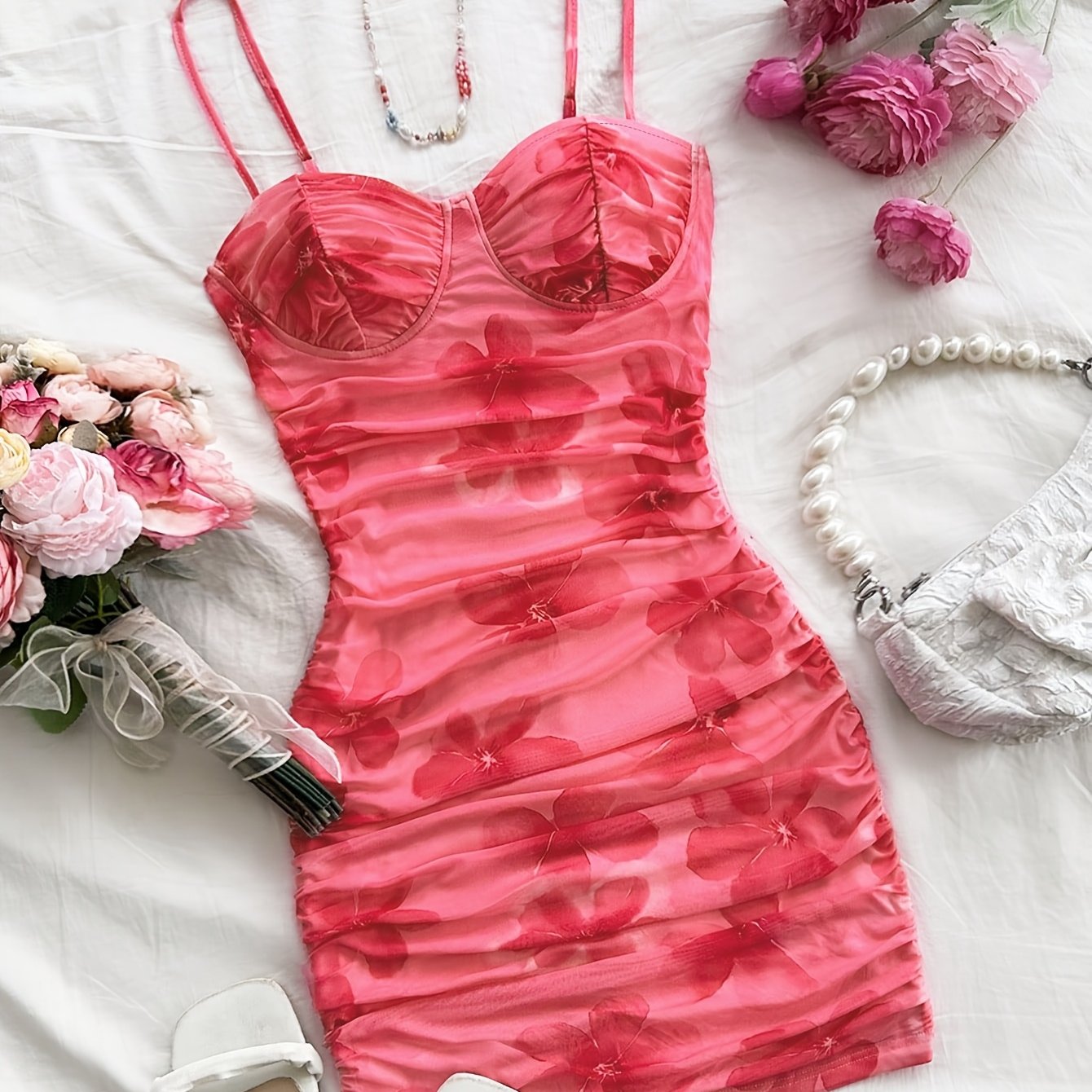 Women'S Sexy Floral Print Bodycon Mini Dress, Strapless Knit Fabric, Polyester 95% Spandex 5%, Lightweight 95-108 g/m², Perfect for Spring/Summer/Fall
