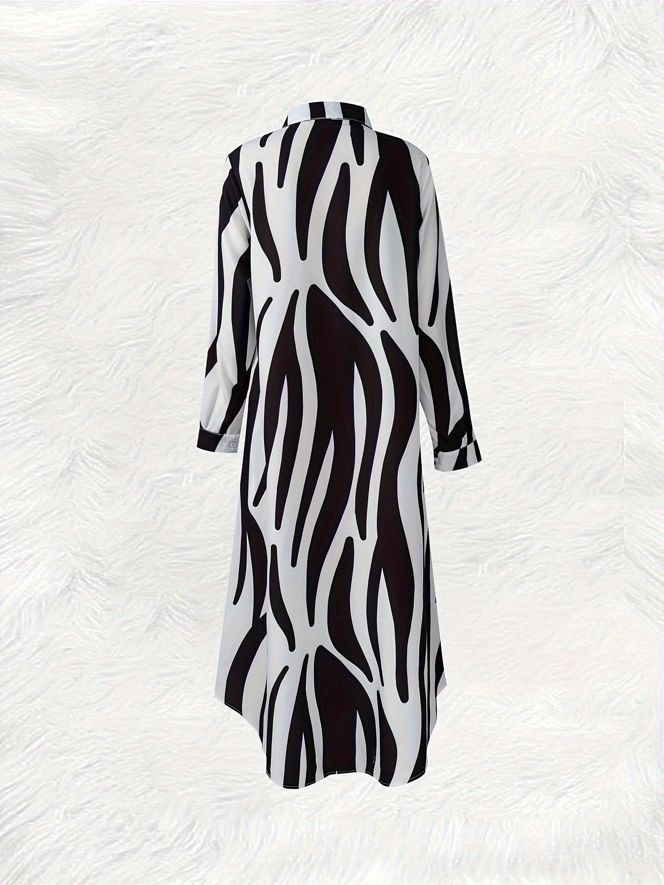 Zebra Print Lapel Collar Long Sleeve Dress, Polyester Vacation Style Button Up Shirting for Adult Women, Spring/Fall Season, 110g/㎡ Woven Fabric