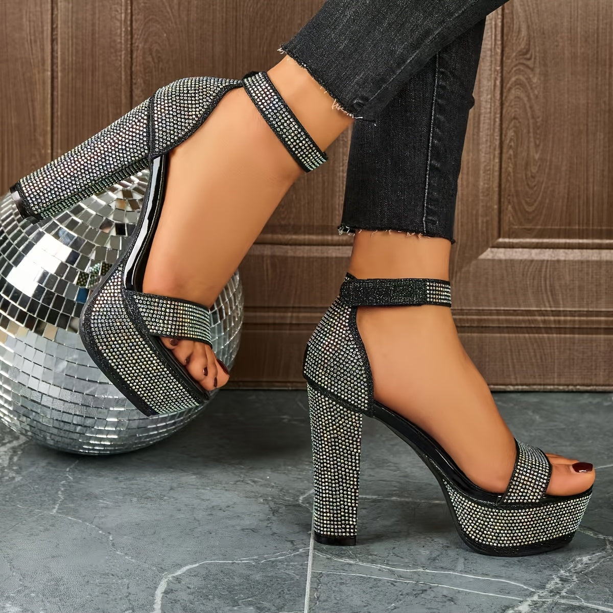 Women's Rhinestone-Embellished Geometric Mary Jane High Heel Sandals - Thick Platform Chunky Heel, Open-Toe Summer Party Shoes with Hook-and-Loop Closure, PU Synthetic Cover & Rubber Sole, Chunky Heel Sandals