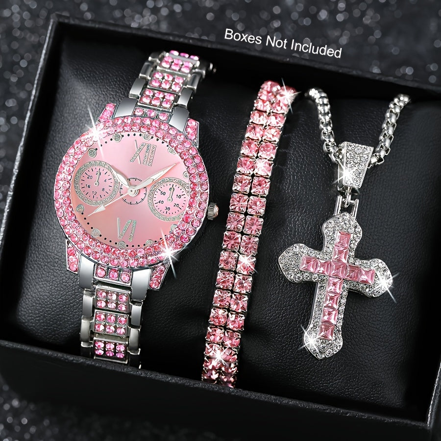 4pcs Set Women's Fashion Quartz Watch & Jewelry Set, Pink Round Pointer Wristwatch with Rhinestone Bracelet And Necklace