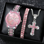 4pcs Set Women's Fashion Quartz Watch & Jewelry Set, Pink Round Pointer Wristwatch with Rhinestone Bracelet And Necklace
