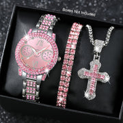 4pcs Set Women's Fashion Quartz Watch & Jewelry Set, Pink Round Pointer Wristwatch with Rhinestone Bracelet And Necklace