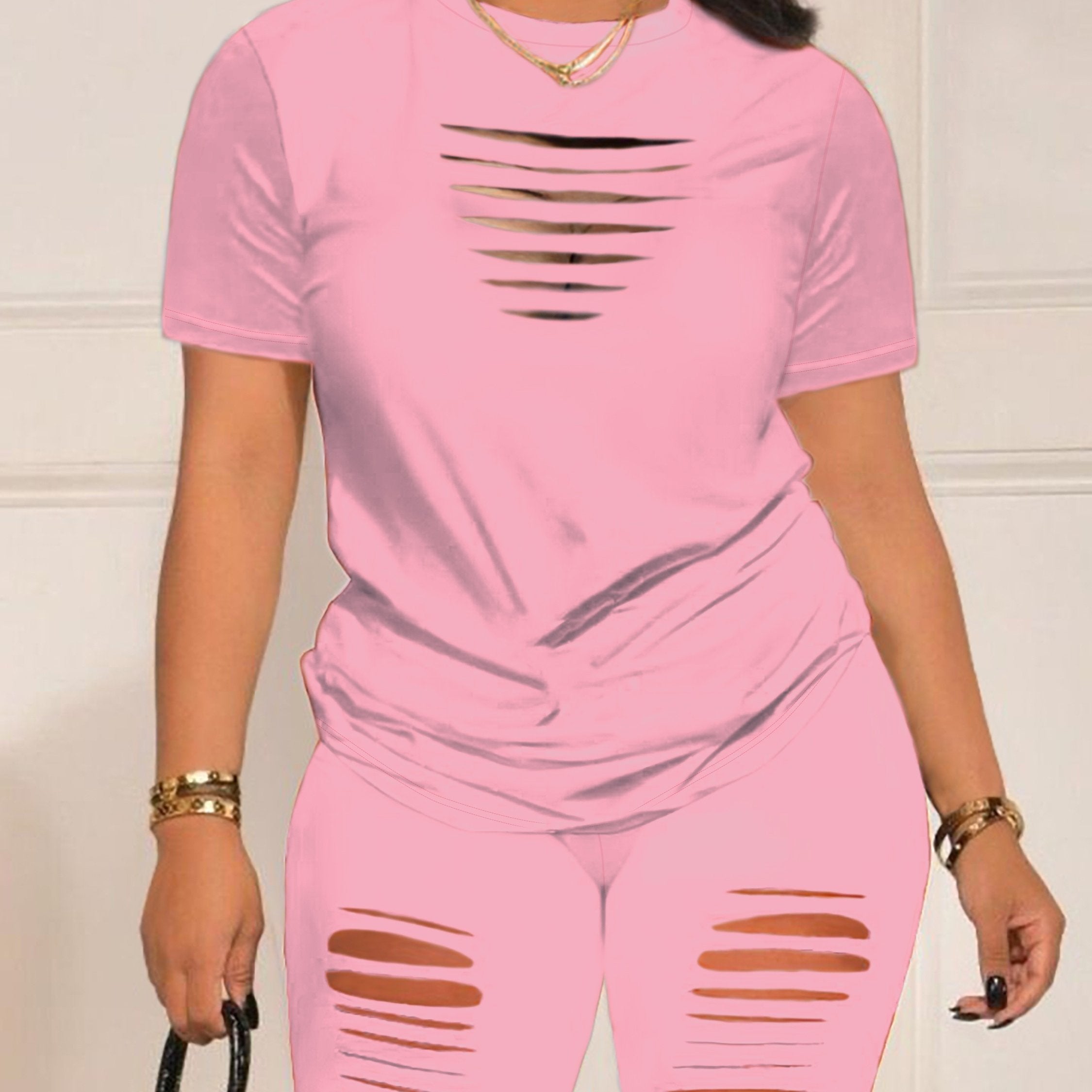 Summer Shorts Set - Pantsuits for Women, Crew Neck Short Sleeve Top & Shorts Outfits, Ripped Casual Clothing for Spring and Summer, Comfortable and Stylish Women's Clothing