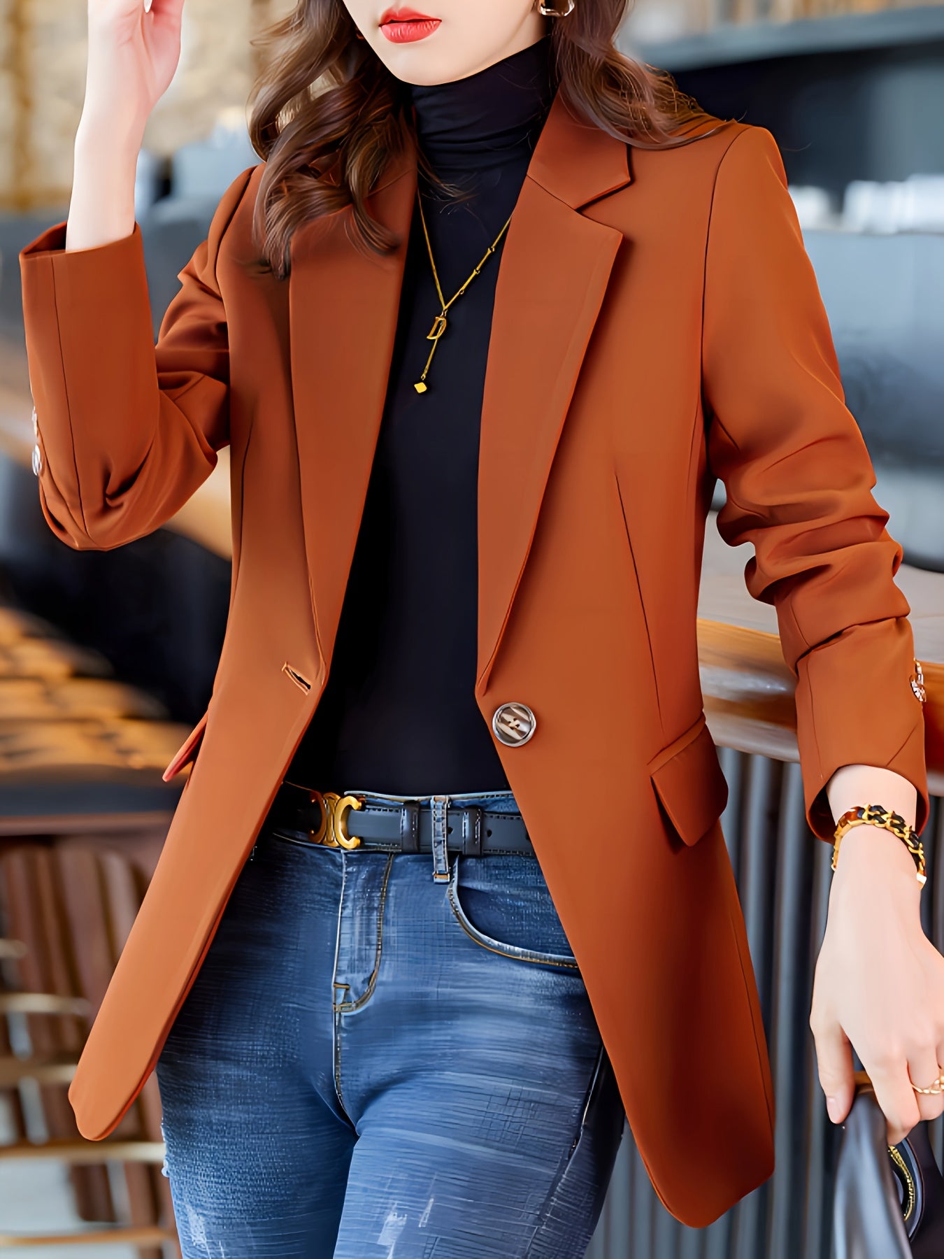Elegant Long Sleeve Notched Collar Button Front Blazer for Office & Work, Women's Clothing