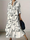 Abstract Face Print Button Up Shirt Dress, Vacation Long Sleeve Collared Loose Maxi Dress, Women's Clothing