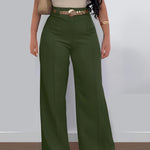 Women's Casual Solid Color Straight Leg Pants, Polyester 95% Spandex 5%, Knit Fabric, All-Season Comfort Fit Trousers, Flexible Fashion | Belted Waistband | Smooth Texture