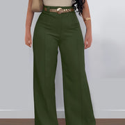 Women's Casual Solid Color Straight Leg Pants, Polyester 95% Spandex 5%, Knit Fabric, All-Season Comfort Fit Trousers, Flexible Fashion | Belted Waistband | Smooth Texture