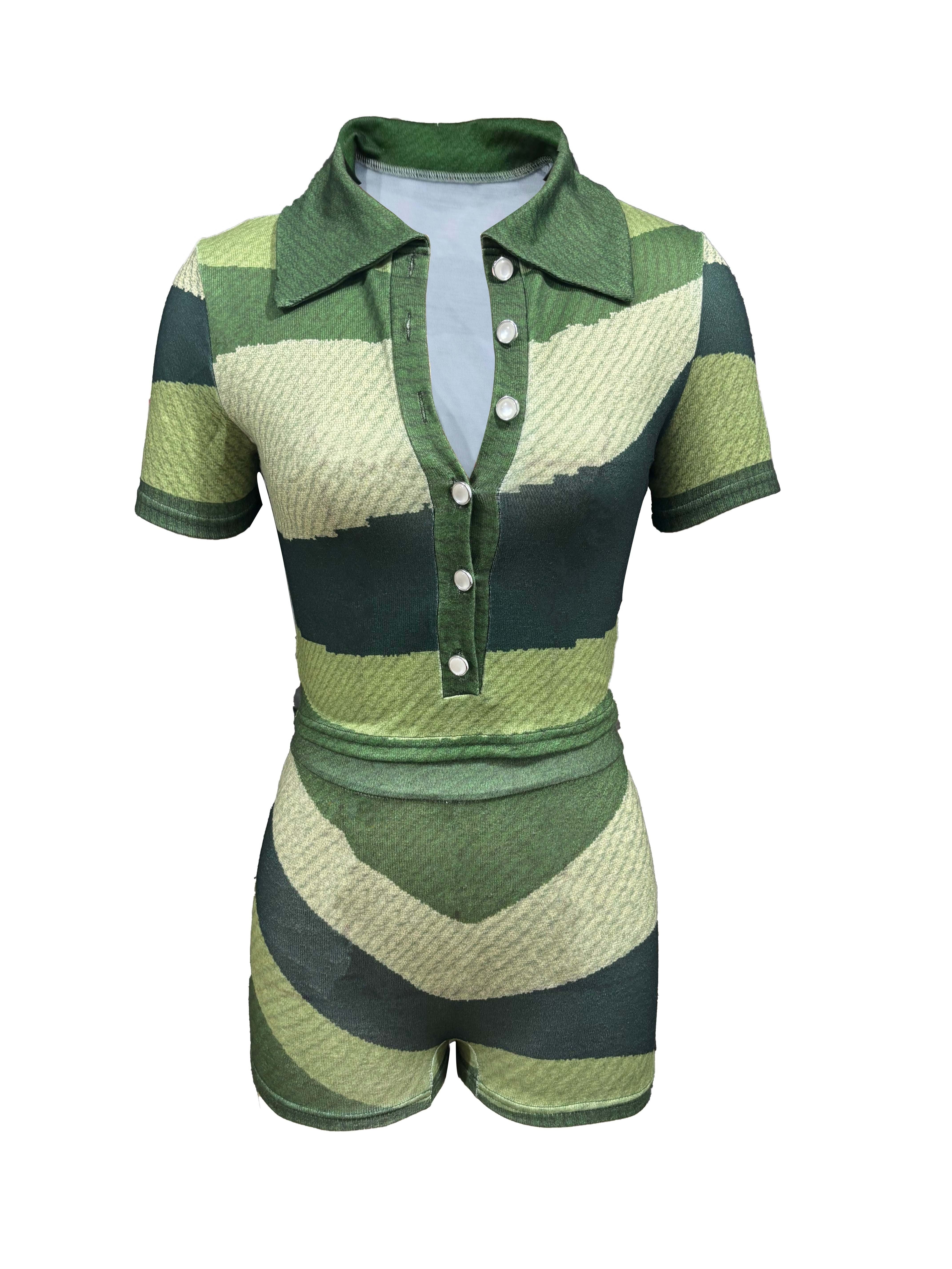 Versatile Comfort, Y2K-Inspired Color Block Two-Piece Set for Women - Button Front Collared Top & Shorts, Stretchy Polyester Blend, Machine Washable