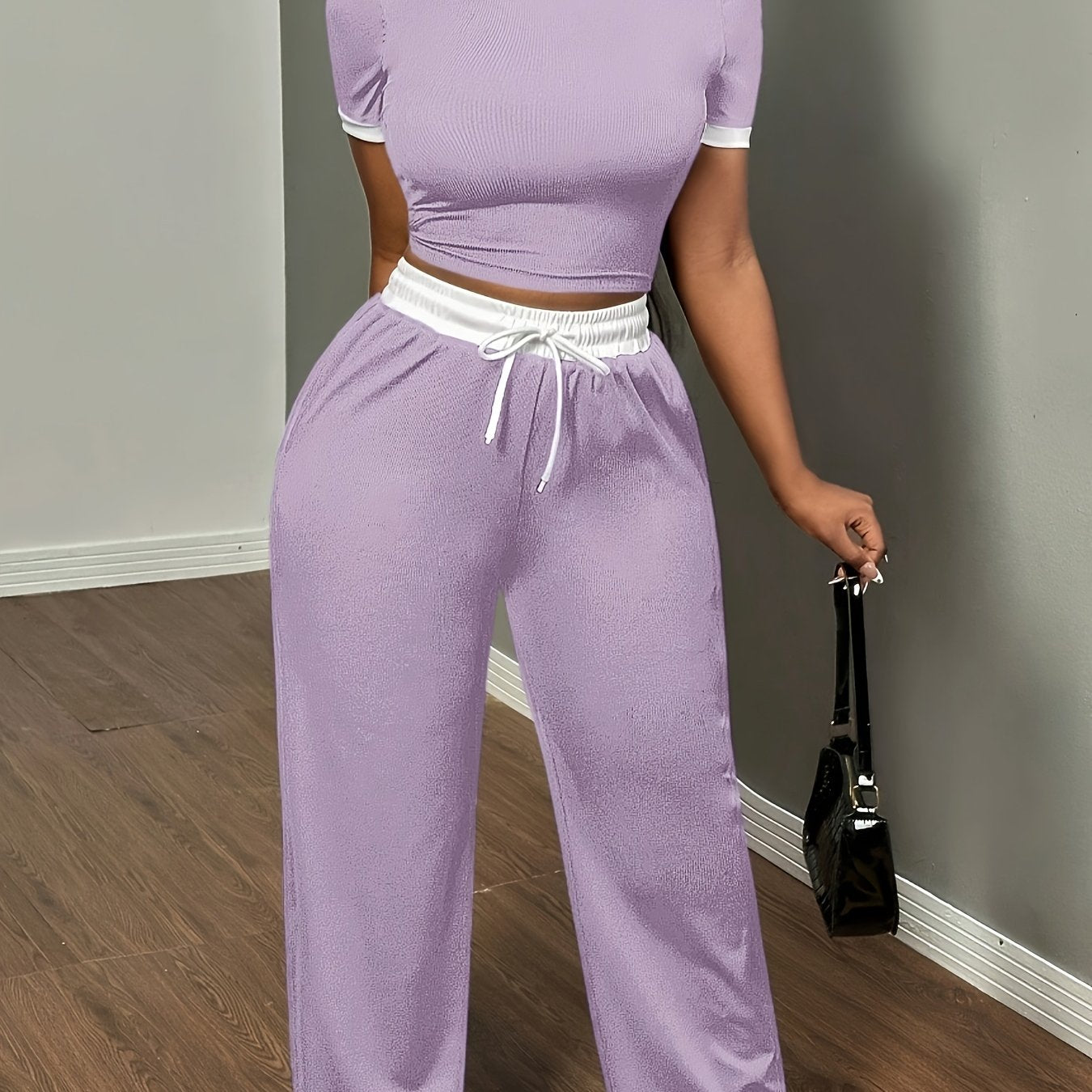 Round Neck Contrast Color Fashion Commuting Wearable Short Sleeve Wide Leg Pants 2pcs Women's Pajama Set