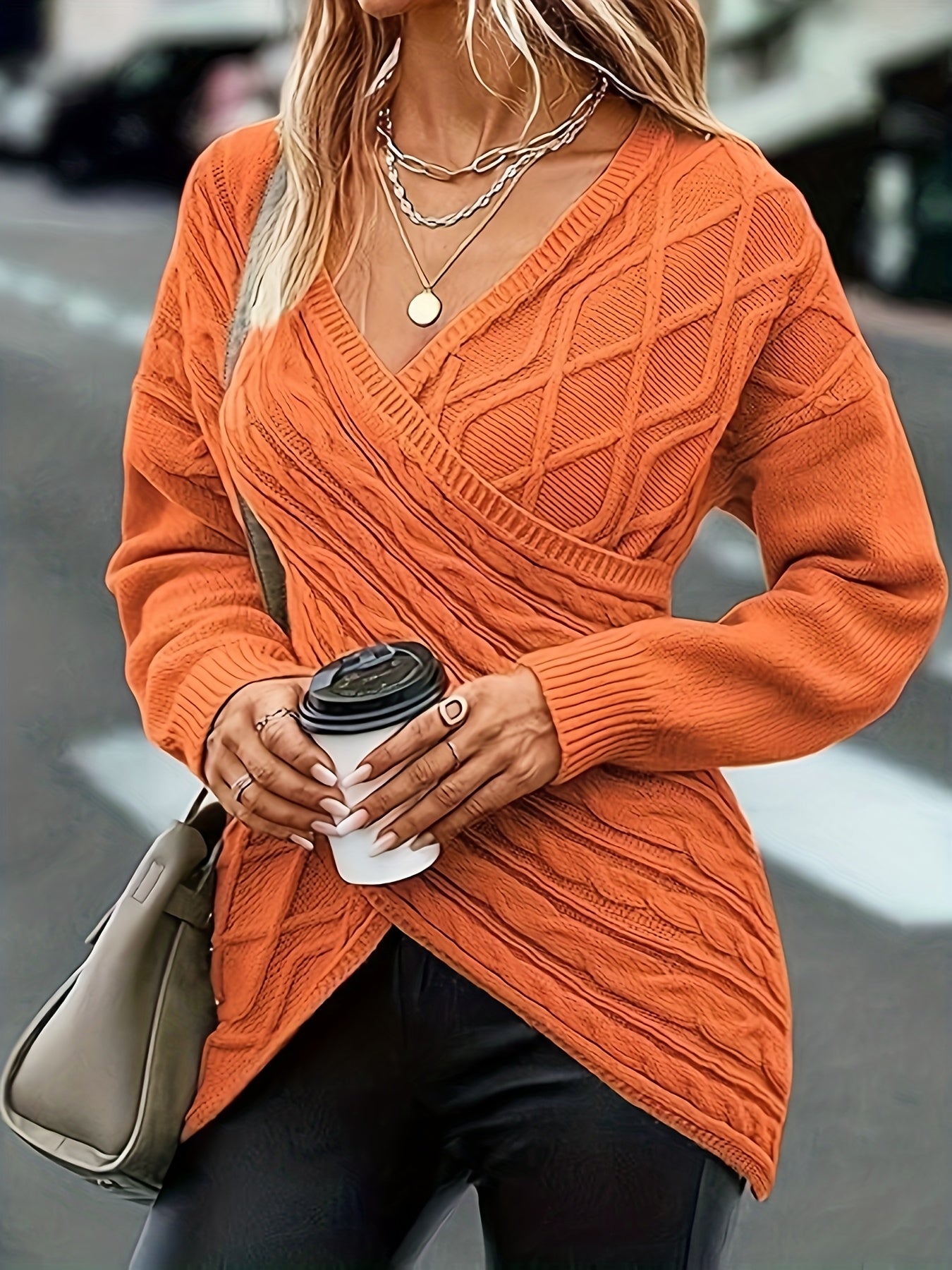 Cable Knit Cross Front Sweater - Elegant Long Sleeve Sweater For Fall & Winter - Women's Clothing - Soft & Cozy Knit Material - Perfect Gift for Women
