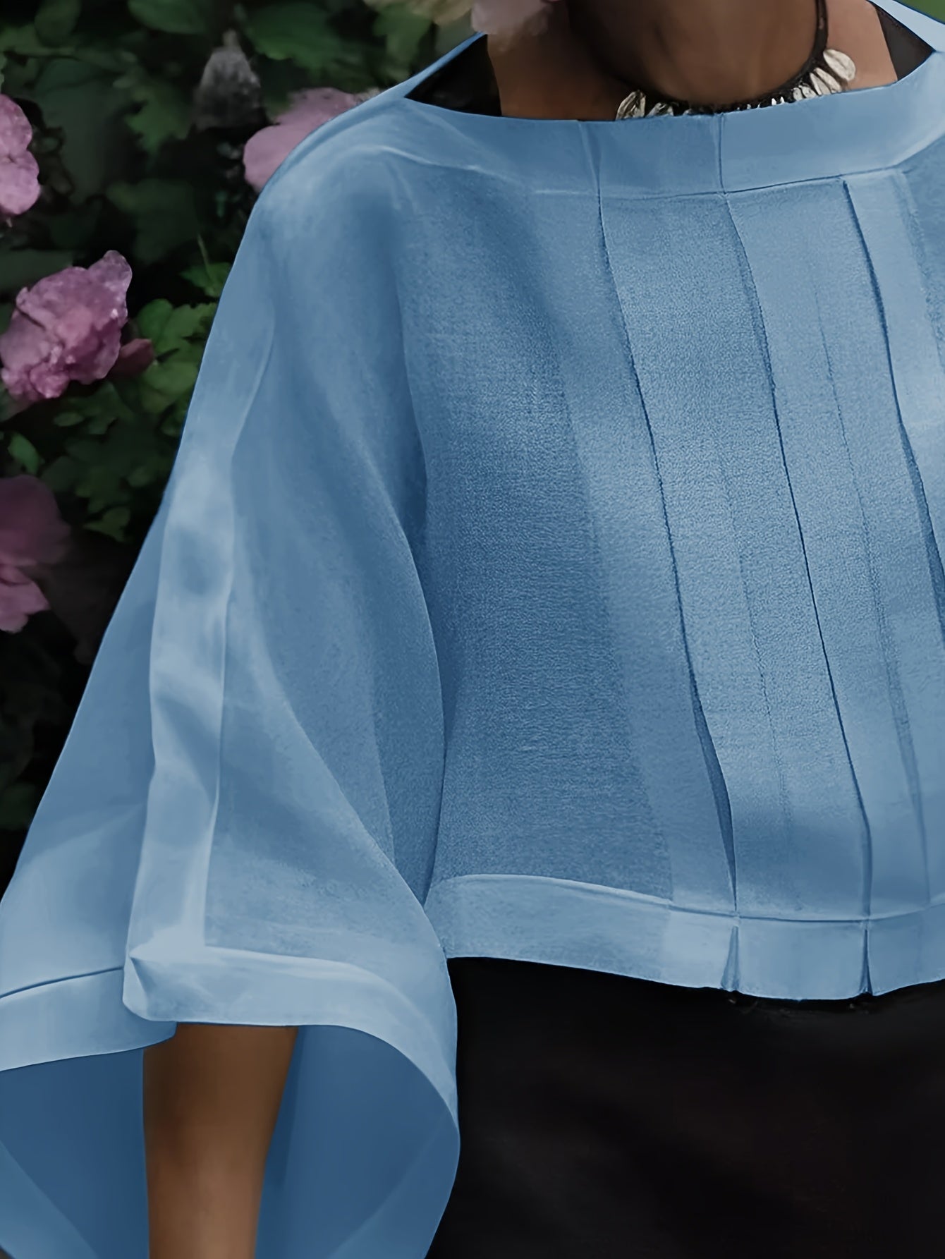 Elegant Polyester Blend 3/4 Sleeve Shirt for Women - Loose Fit Boat Neck Solid Color Woven Shirting with Pleated Detail, All-Season Versatile Top