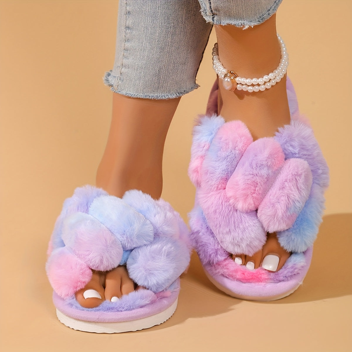 Women'S Seasonal Home Slippers, Stylish And Fluffy, Versatile Cross-Strap Design.