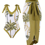 Green Coconut Tree Print Seamless V-Neck Tie-Dye Gauze Skirt Two-Piece Women's Sunscreen Suit