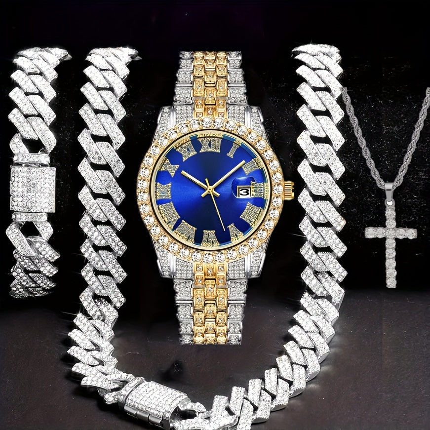 4pcs Men's Hip Hop Bling Set: Golden-Tone Quartz Watch with Rhinestone Bezel, 14mm Cuban Chain Necklace & Bracelet, Cross Pendant - Luxurious Jewelry Gift