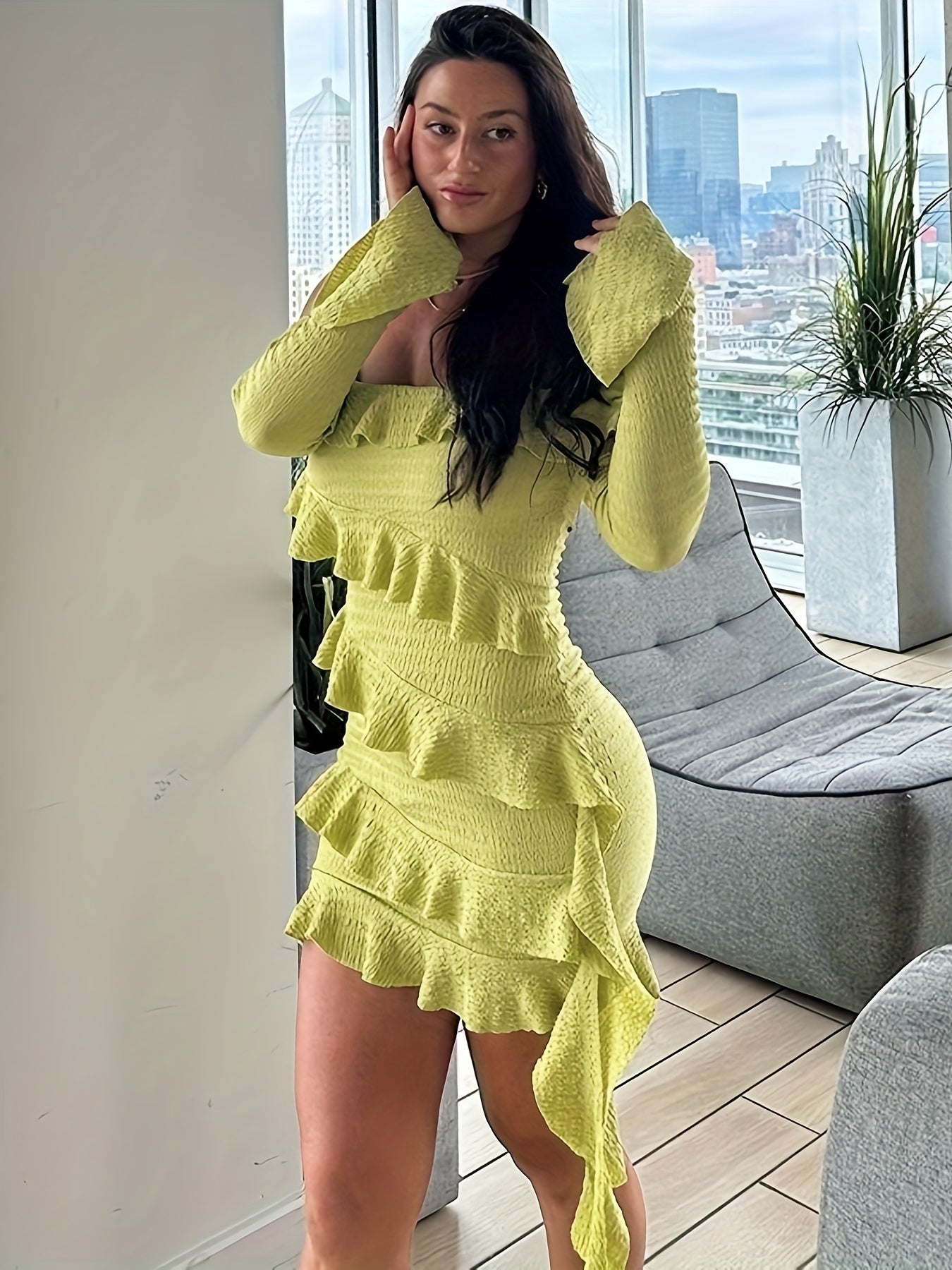 [Off Shoulder Ruffle Hem Dress] Ruffle Hem Off Shoulder Dress, Sexy Long Sleeve Bodycon Dress For Spring & Fall, Women's Clothing