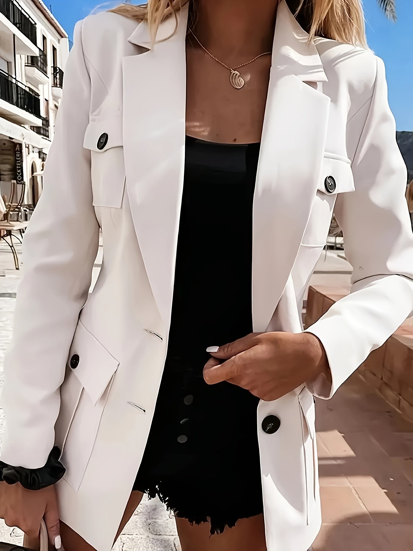 Women's Elegant White Blazer with Pockets - Long Sleeve, Button Front, Polyester Office Jacket for Professional Style, Elegant Clothing | Sophisticated Blazer | Singlebreasted Design