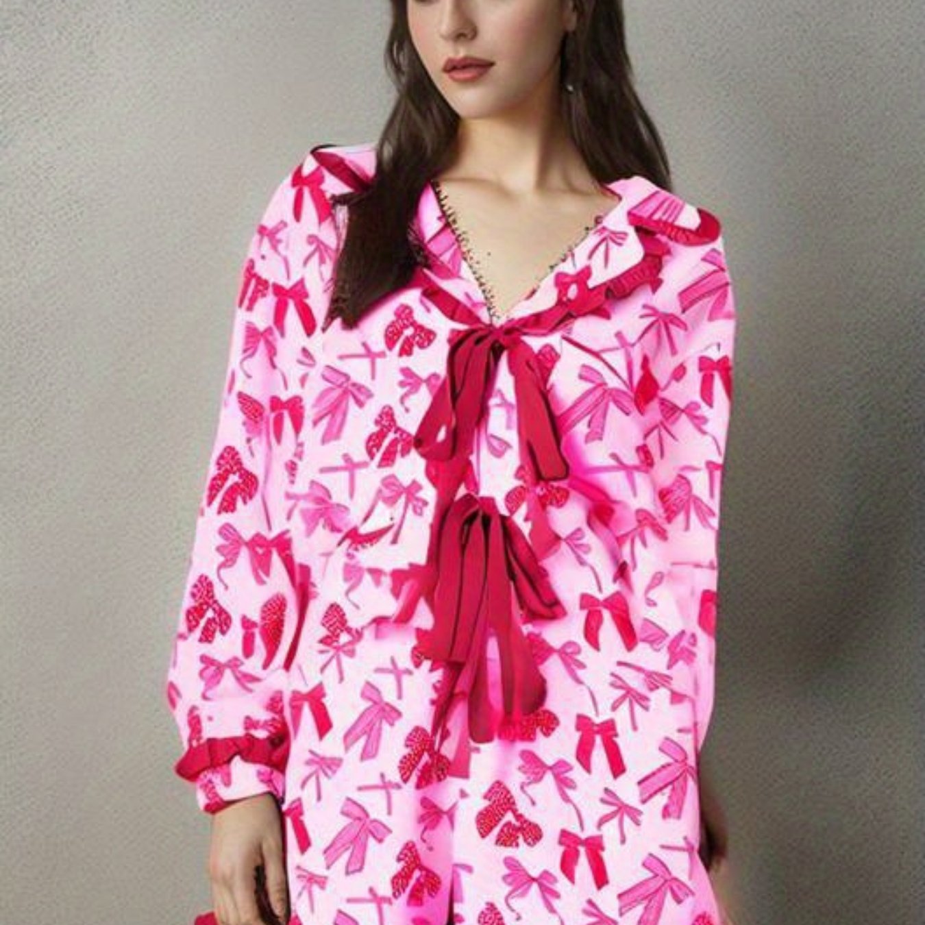 Women Aesthetic Pajamas 2pcs Long Sleeve Bow Lace Up Shirt and Shorts Spring Summer Loungewear Cute Heart Print Sleepwear