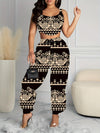 Elegant Women'S Paisley Print Crop Top and Jogger Pants Set, Polyester Spandex Blend, Woven, with Spaghetti Strap, for All-Season