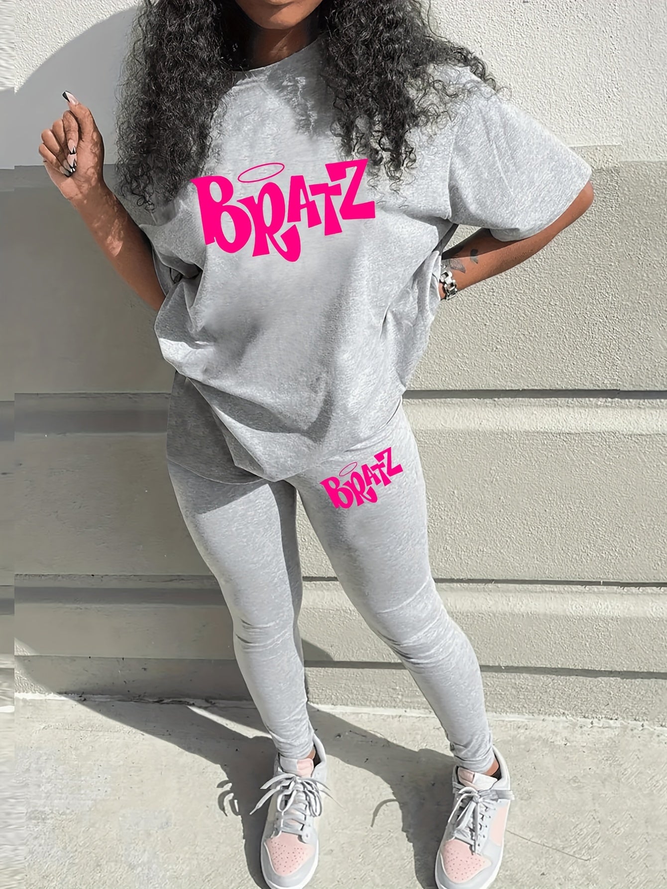 Bratz Letter Print Two-Piece Set – Women's Casual Short Sleeve Oversized T-Shirt & Skinny Pants Outfit for Spring/Summer