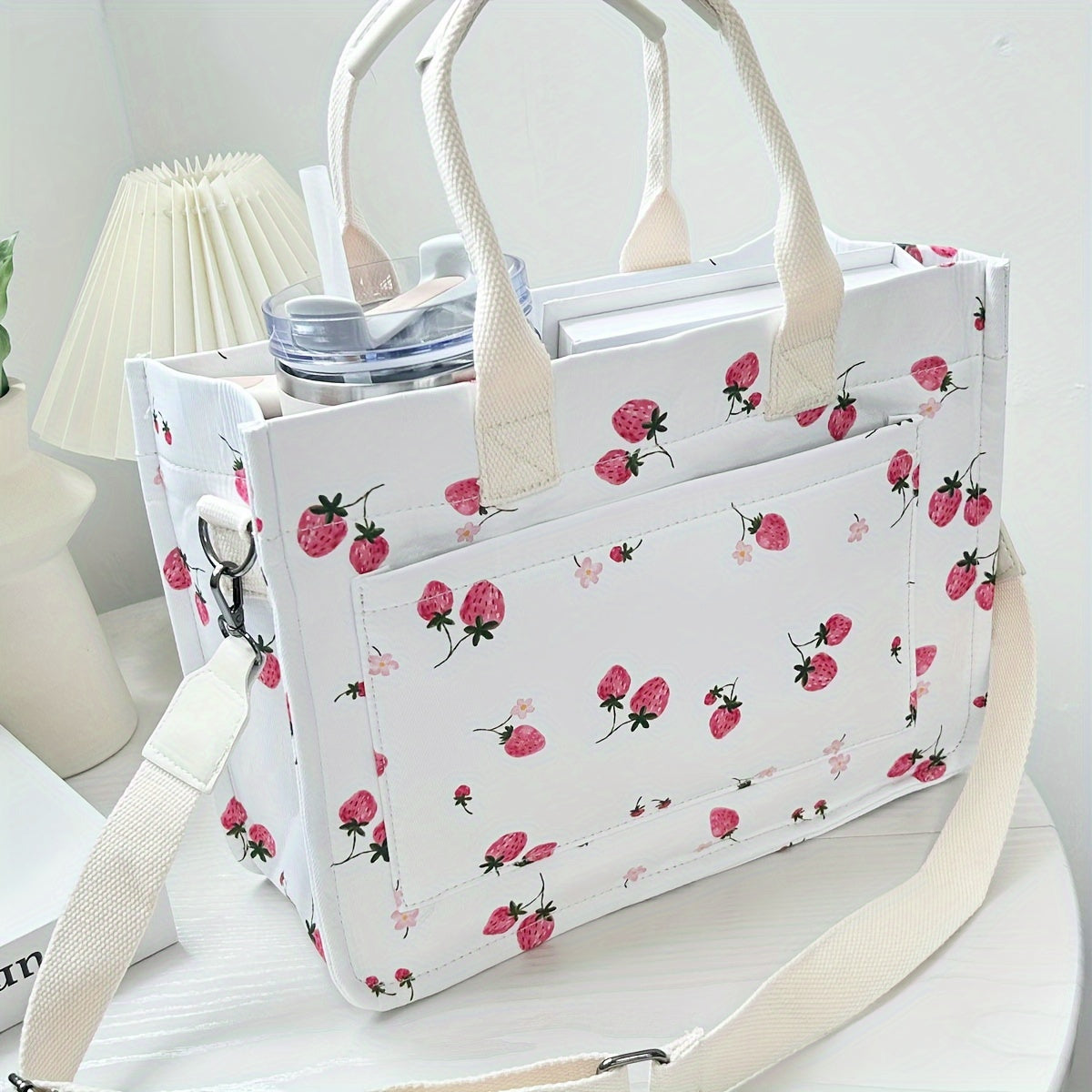 Chic Floral Tote Bag for Women - Versatile Shoulder & Crossbody Laptop Handbag with Multiple Pockets, Durable Polyester, Perfect for Work and Travel - Available in White, Cream, Black - For Fashionable Women - Suitable for Of