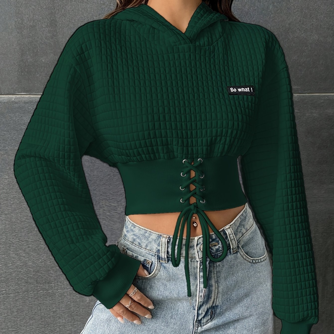 Lace Up Crop Drop Shoulder Hoodie, YOUNG Long Sleeve Hoodies Sweatshirt, Women's Clothing