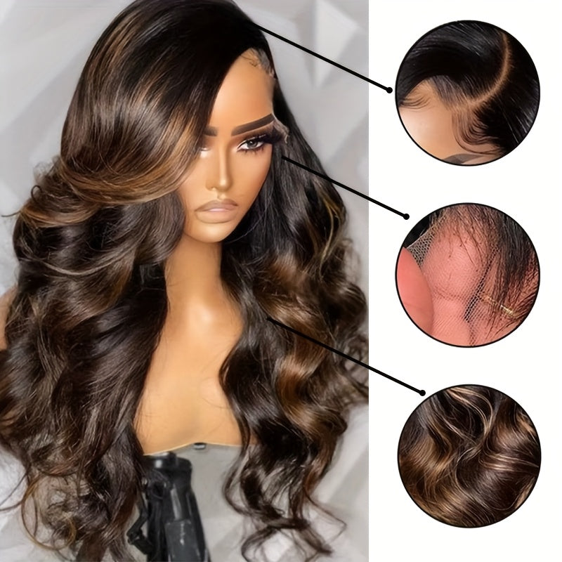 Ombre Lace Front Wig Human Hair Glueless 200 Density Blonde Highlight Wig Human Hair Pre Plucked 4/27 Highlight Lace Front Wigs Human Hair 5*5 HD Lace Brown Highlighted Wig Body Wave (Piano Colored Wig)