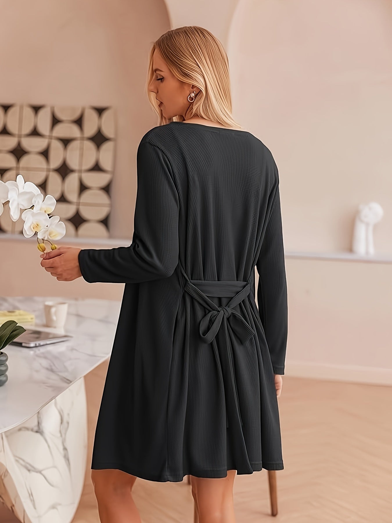 Women's Casual Solid Waffle Lounge Set, Long Sleeve Robe With Belt & Round Neck Backless Crop Cami Top & Shorts, Comfortable Relaxed Fit, Summer Home Wear