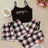 3pcs Women'S Pajama Set - Mature Gingham Pattern, Spaghetti Strap Sleeveless Top, Long Length Pants, Knit Fabric, Polyester & Elastane Blend, Comfortable All-Season Sleepwear